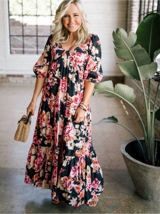 Anthropologie Dresses & Skirts - Anthropologie Somerset Puff-Sleeve Maxi Dress Black Pink Floral Tiered M